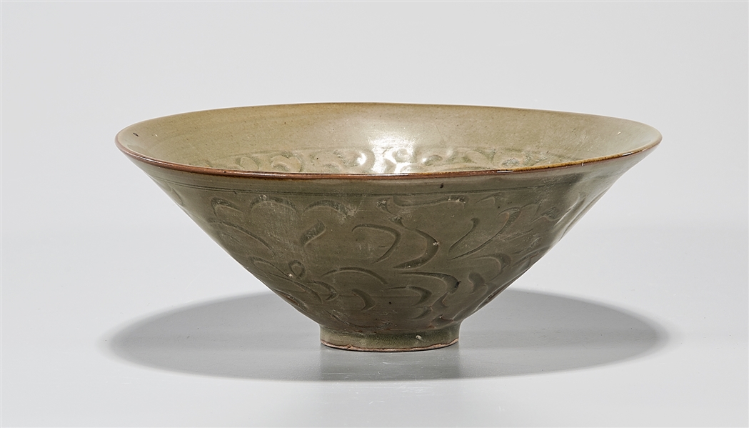 Appraisal: Chinese celadon glazed porcelain conical bowl incised flower and medallion