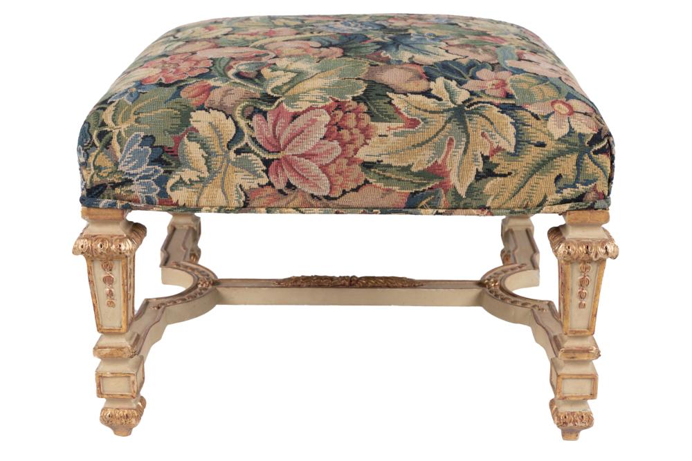 Appraisal: LOUIS XIV STYLE GILT WHITE-PAINTED WOOD TABOURETsquare with tapestry-style floral