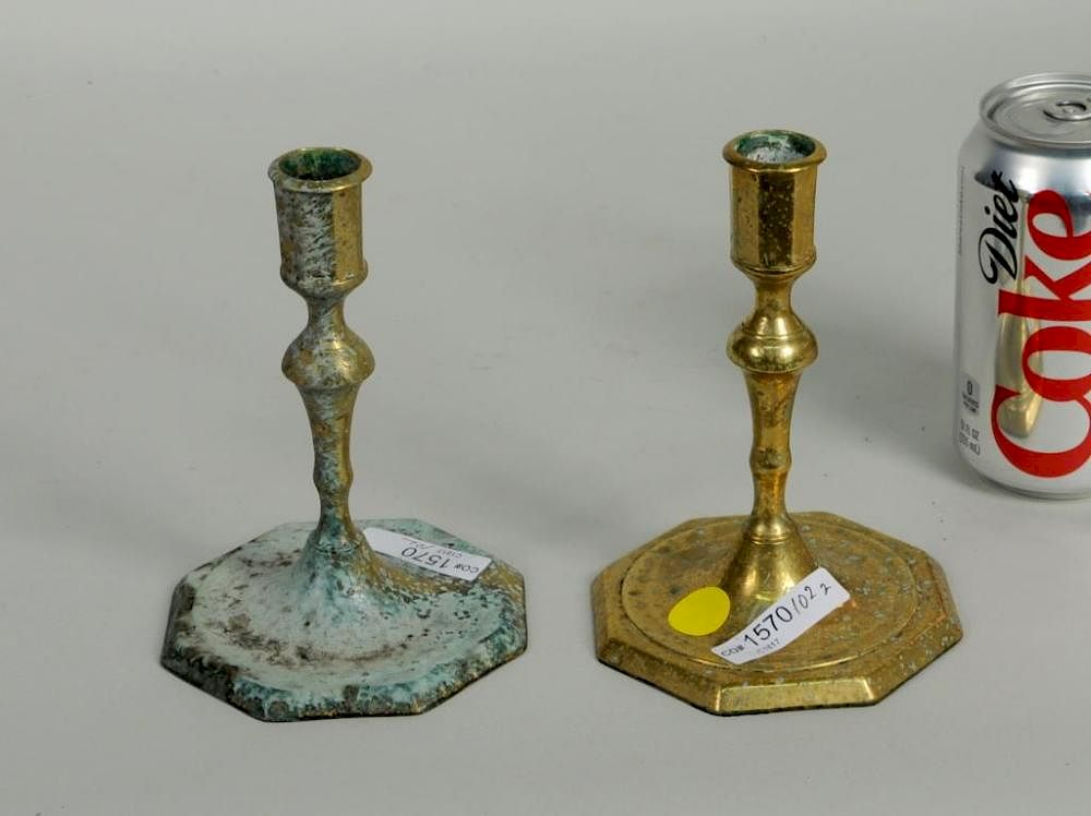 Appraisal: Pair Brass Candlesticks Octagonal Bases Pair of brass candlesticks with