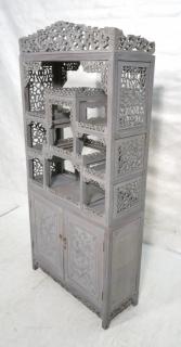 Appraisal: Gray Paint Finish Carved Asian Style Shelf Cabine Gray Paint