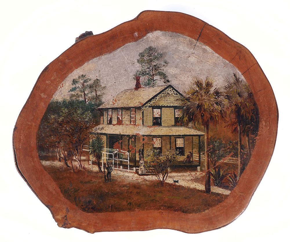 Appraisal: FLORIDA Primitive Painting of House on Wood Handpainted Florida house