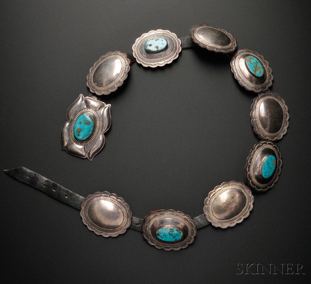 Appraisal: Navajo Silver and Turquoise Concha Belt nine conchas four with