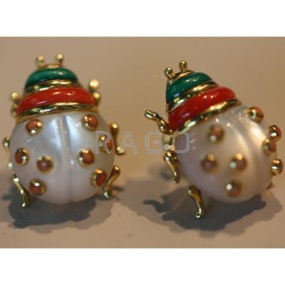 Appraisal: JEWELED K YELLOW GOLD LADYBUG EARRINGS Carved oyster shell coral