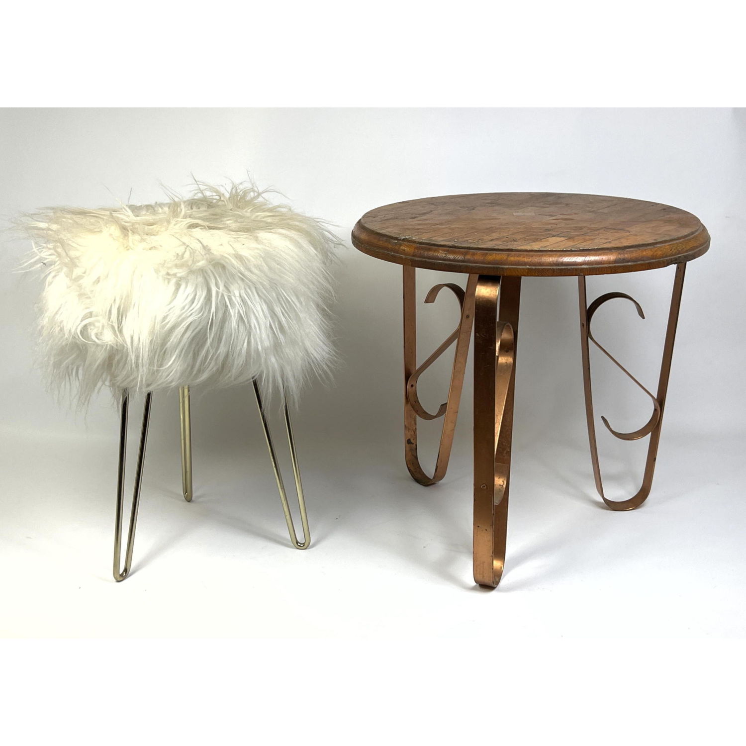 Appraisal: Contemporary Small Table and Shaggy Faux Fur Stool Butcher Block