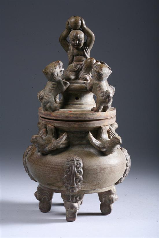 Appraisal: CHINESE GREENISH-BROWN POTTERY CENSER Birds fu lion and boy decoration