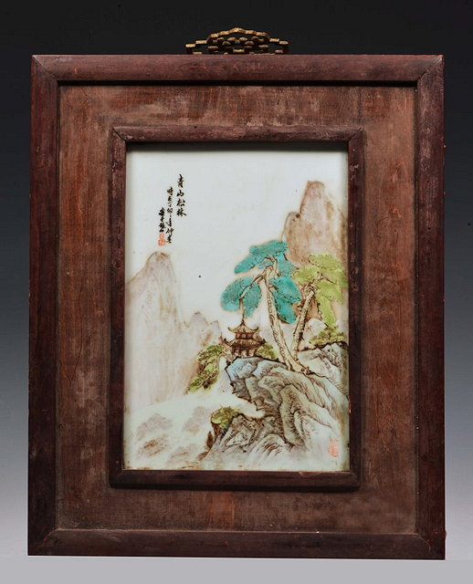 Appraisal: A CHINESE FAMILLE VERTE PORCELAIN PLAQUE with mountain landscape and