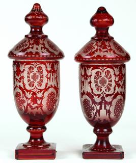 Appraisal: Pair of Bohemian glass lidded urns Pair of Bohemian glass