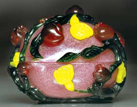 Appraisal: MULTI-COLOR GLASS PEACH BOX Unusual Chinese carved Beijing glass peach-form