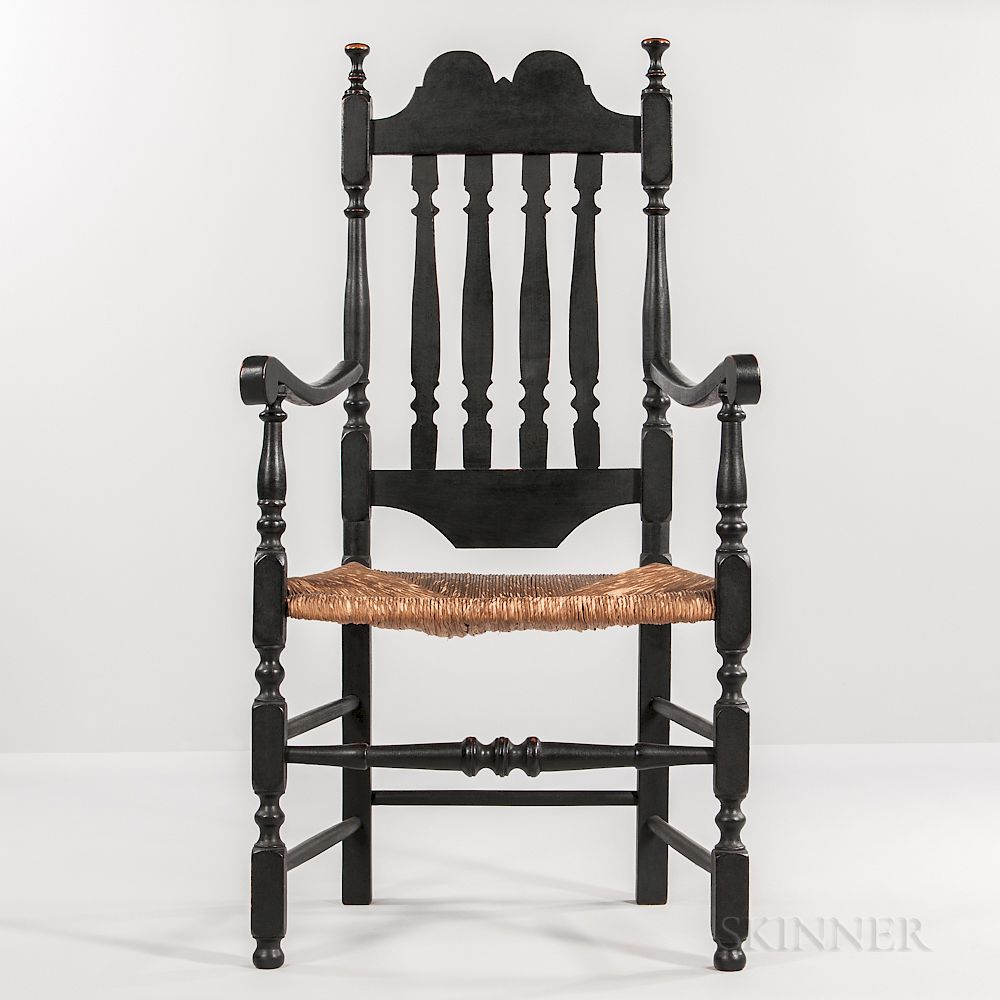 Appraisal: Black-painted Bannister-back Armchair Black-painted Bannister-back Armchair Connecticut mid- th century