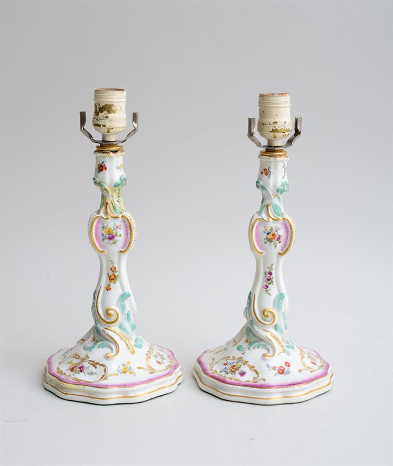 Appraisal: PAIR OF MEISSEN TYPE PORCELAIN CANDLESTICKS MOUNTED AS LAMPS Each