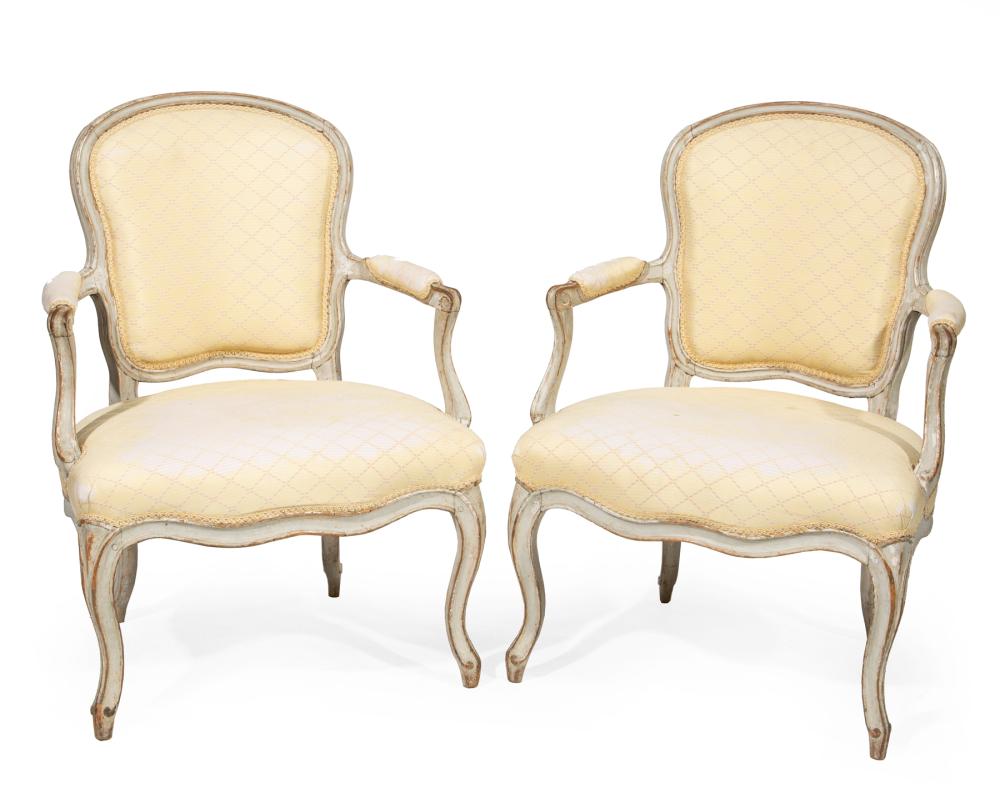 Appraisal: Pair of Louis XV-Style Gris Peinte Fauteuils th c molded