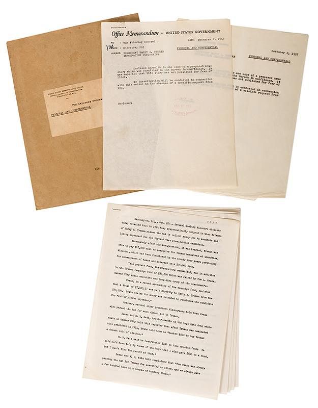 Appraisal: J Edgar Hoover Initialed FBI Private Memorandum Regarding Truman Hoover