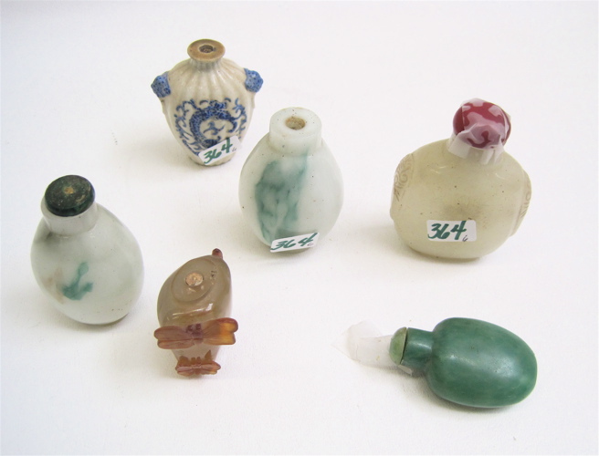 Appraisal: SIX CHINESE SNUFF MEDICINE BOTTLES one pottery H one carved