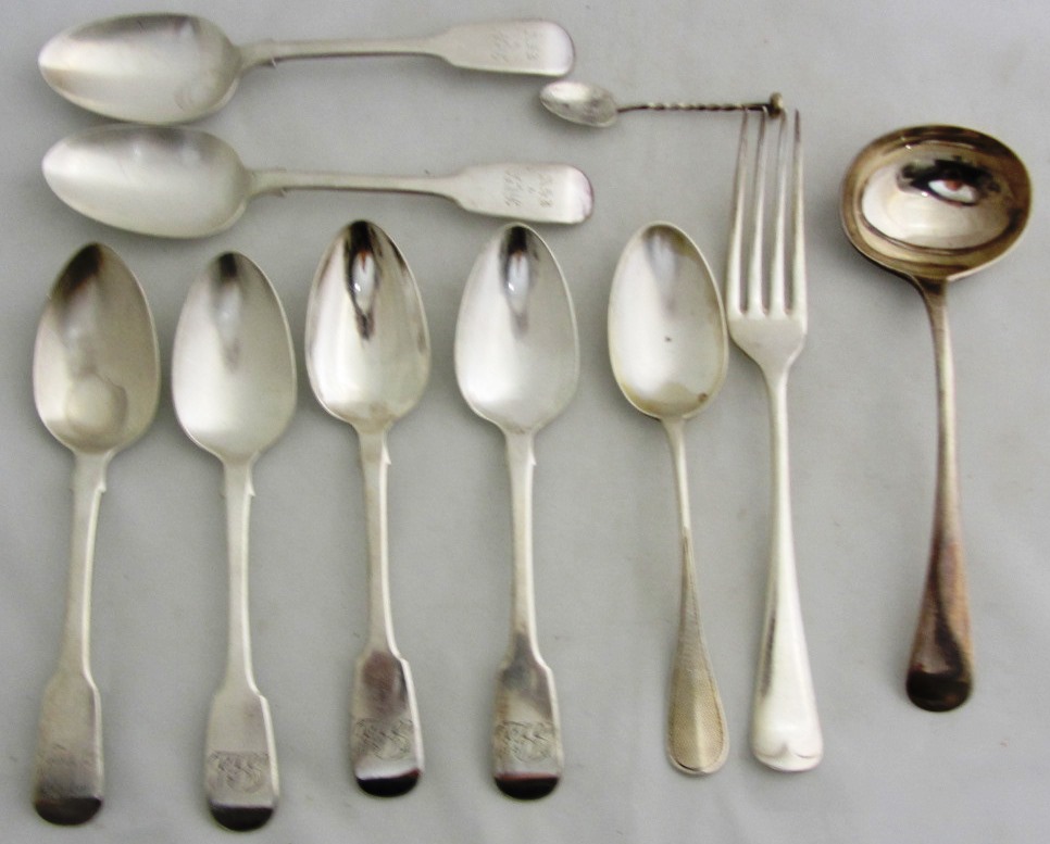 Appraisal: Silver table flatware comprising six fiddle pattern dessert spoons various