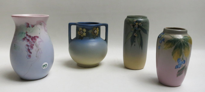 Appraisal: FIVE WELLER ART POTTERY VASES in various floral and grape