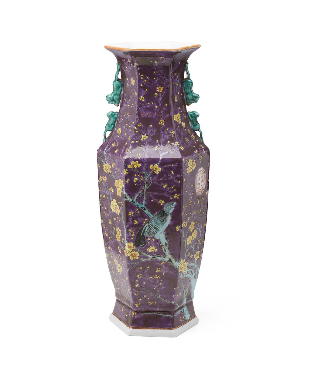 Appraisal: PURPLE-GLAZED HEXAGONAL VASE the facetted sides boldly painted with branches