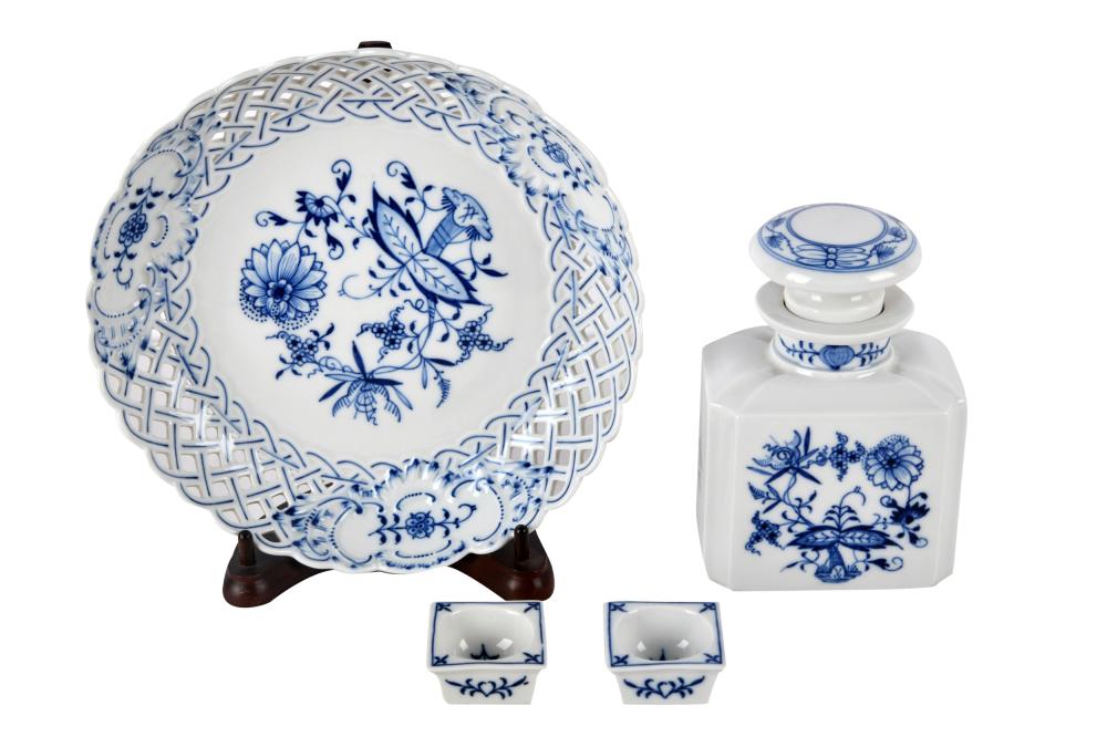 Appraisal: FOUR PIECES OF BLUE WHITE MEISSEN PORCELAINeach with blue crossed