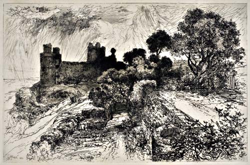 Appraisal: THOMAS MORAN Harlech Castle--Wales Etching and roulette x mm x