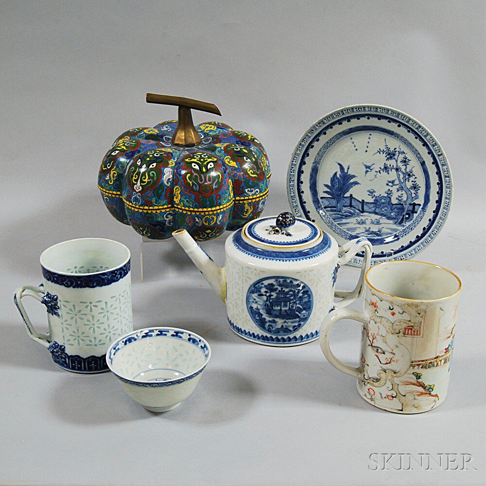 Appraisal: Six Chinese Mostly Porcelain Items a blue and white teapot