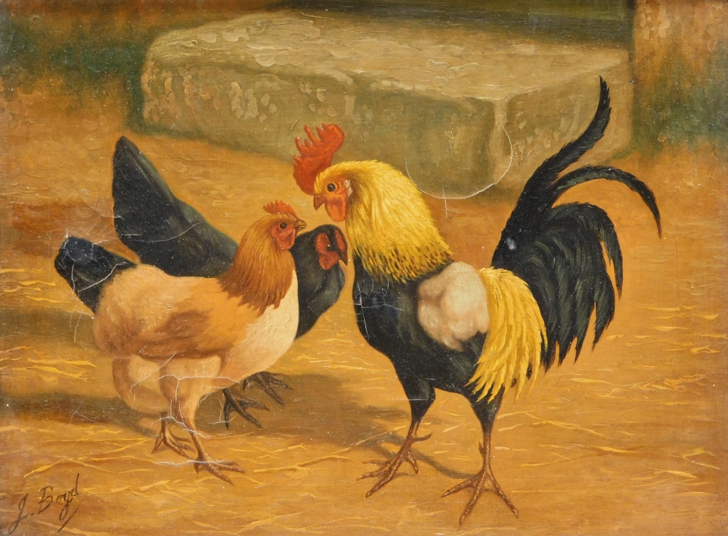 Appraisal: C BARNYARD CHICKEN ROOSTER PAINTING United States th CenturyDepicts two