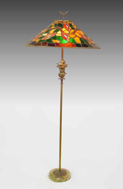 Appraisal: SIGNED LEADED GLASS FLOOR LAMP Foliate decoration on the gilt