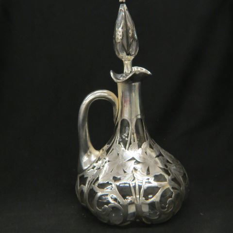 Appraisal: Sterling Silver Overlay Decanter handled elaborate floral by Alvin ribbed