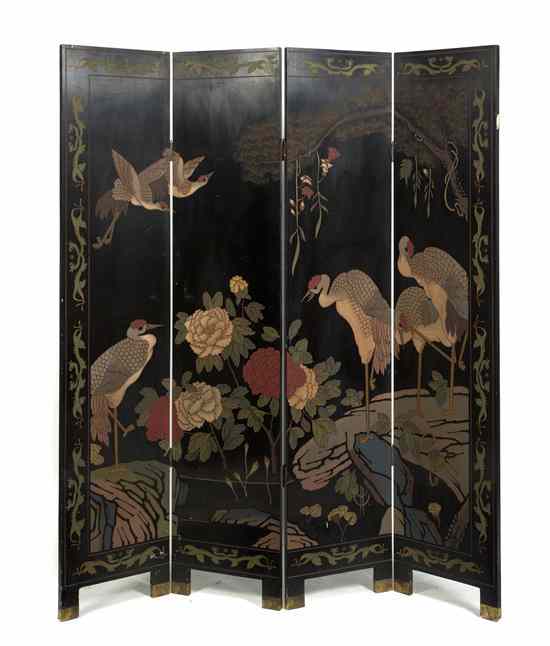 Appraisal: A Four-Panel Lacquer Floor Screen depicting cranes amongst flowering peony