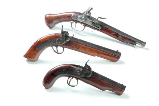 Appraisal: THREE EARLY PISTOLS European th- th century Flintlock with octagon