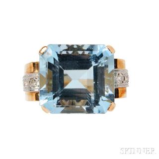 Appraisal: Retro Aquamarine Ring centering a step-cut aquamarine measuring x x