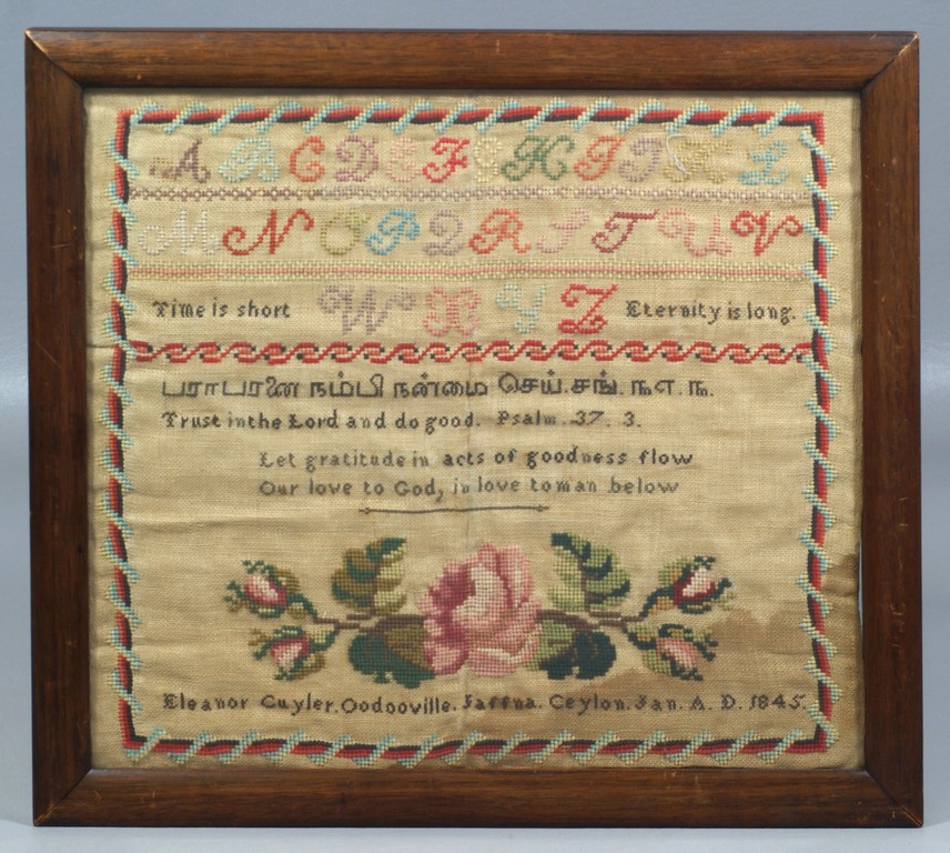 Appraisal: Needlework Sampler Eleanor Cuyler Oodooville Jaffna Ceylon Jan AD This