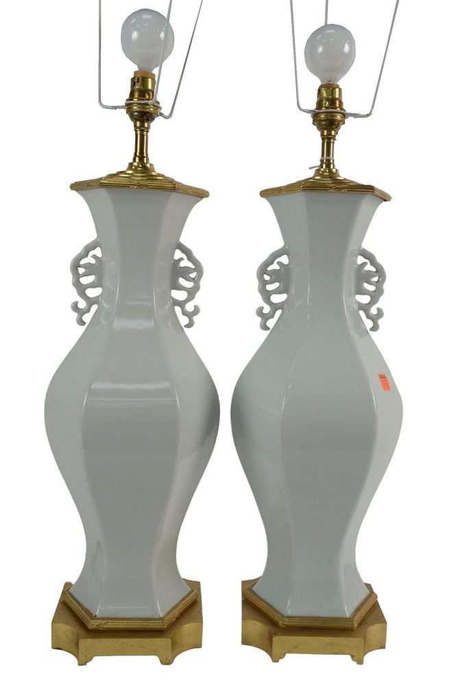 Appraisal: Pair of Blanc de Chine Porcelain Vases having hexagonal baluster