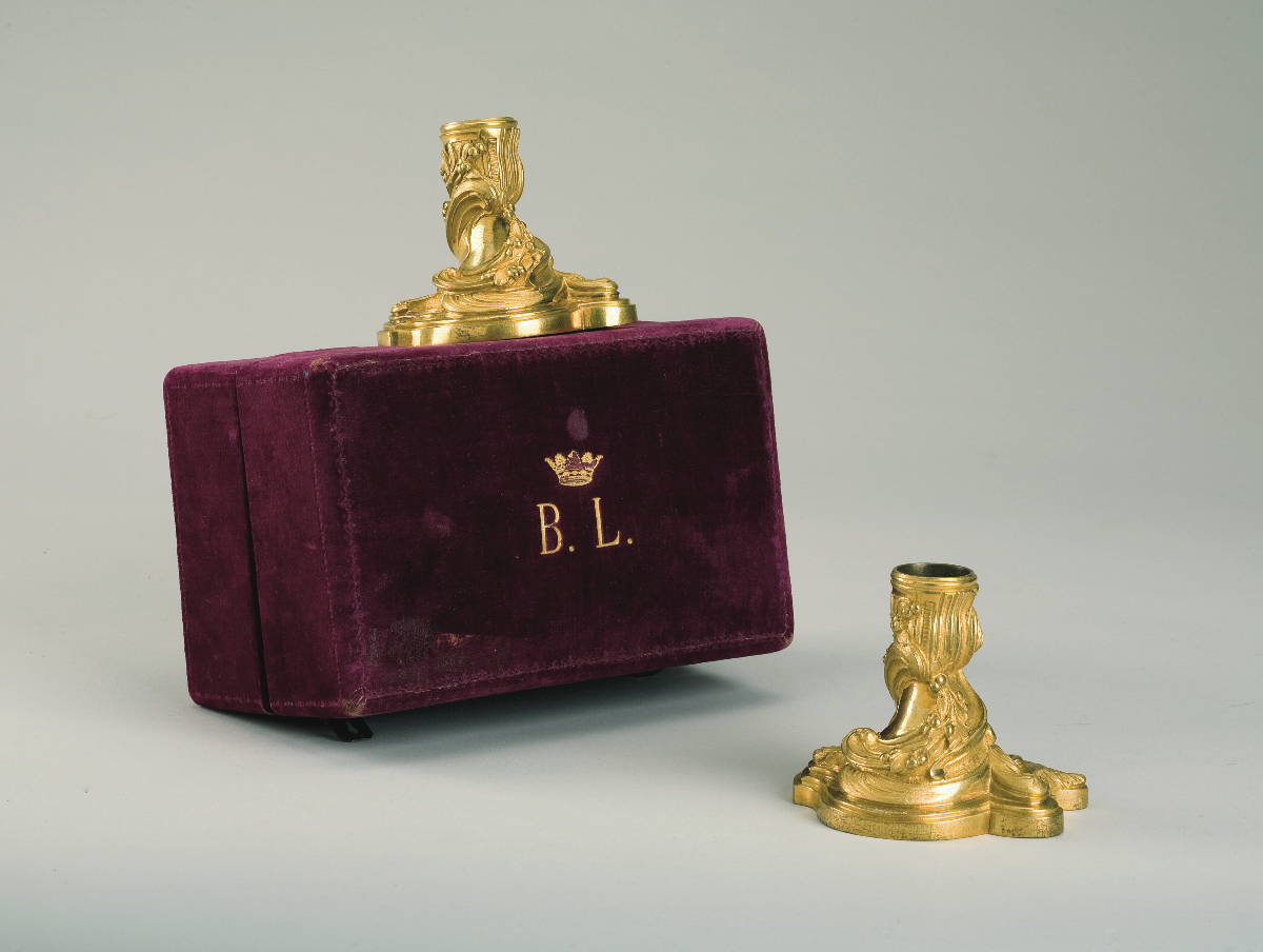 Appraisal: PAIR OF LOUIS XV GILT-BRONZE CANDLESTICKS IN FITTED VELVET BOX