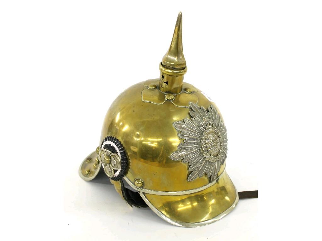 Appraisal: Saxon brass Pickelhaube with leather fittings spike and applied white