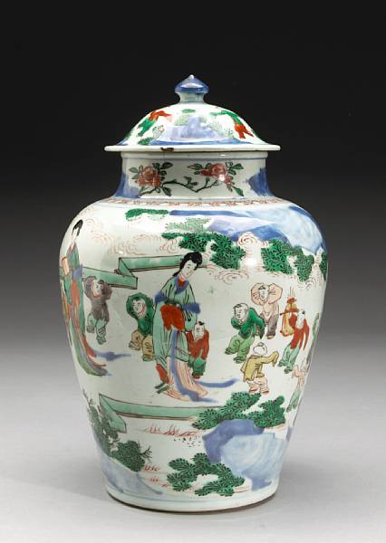 Appraisal: A wucai decorated porcelain covered jar Transitional Period Stoutly potted