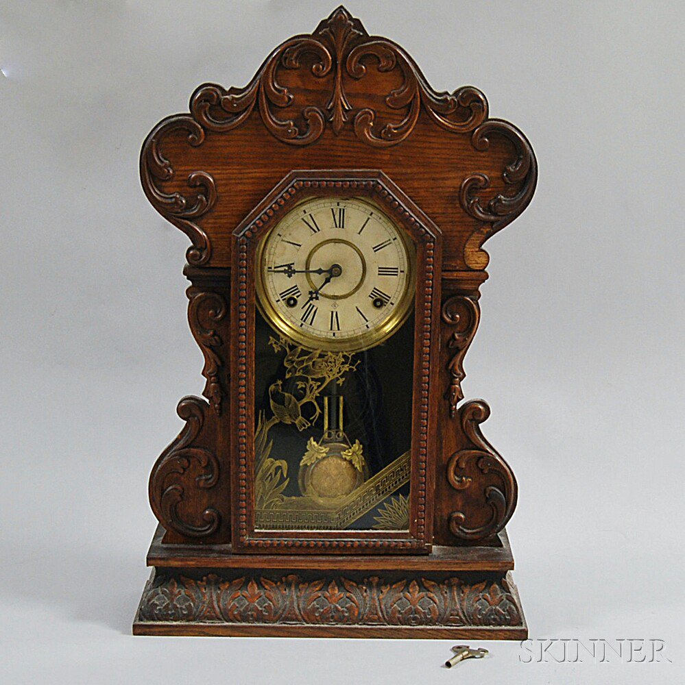 Appraisal: Gilbert Clock Co Carved Oak Shelf Clock late th early