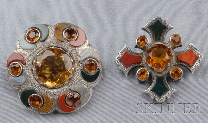 Appraisal: Two Victorian Silver and Scottish Agate Brooches one centering a