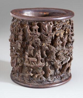 Appraisal: Chinese bamboo brush pot elaborately carved with scholars and attendants