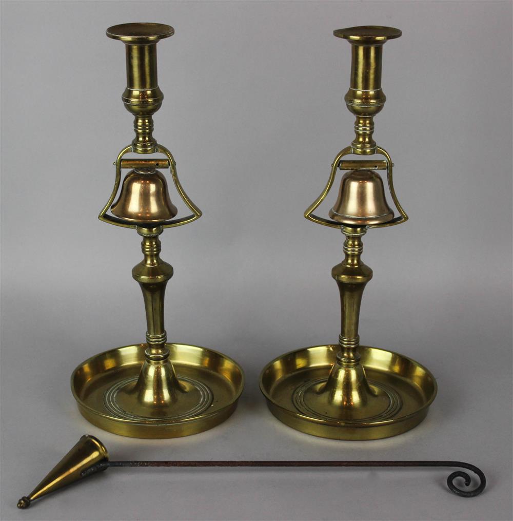 Appraisal: PAIR OF BRASS TAVERN SERVANT CANDLESTICKS circa with bells on