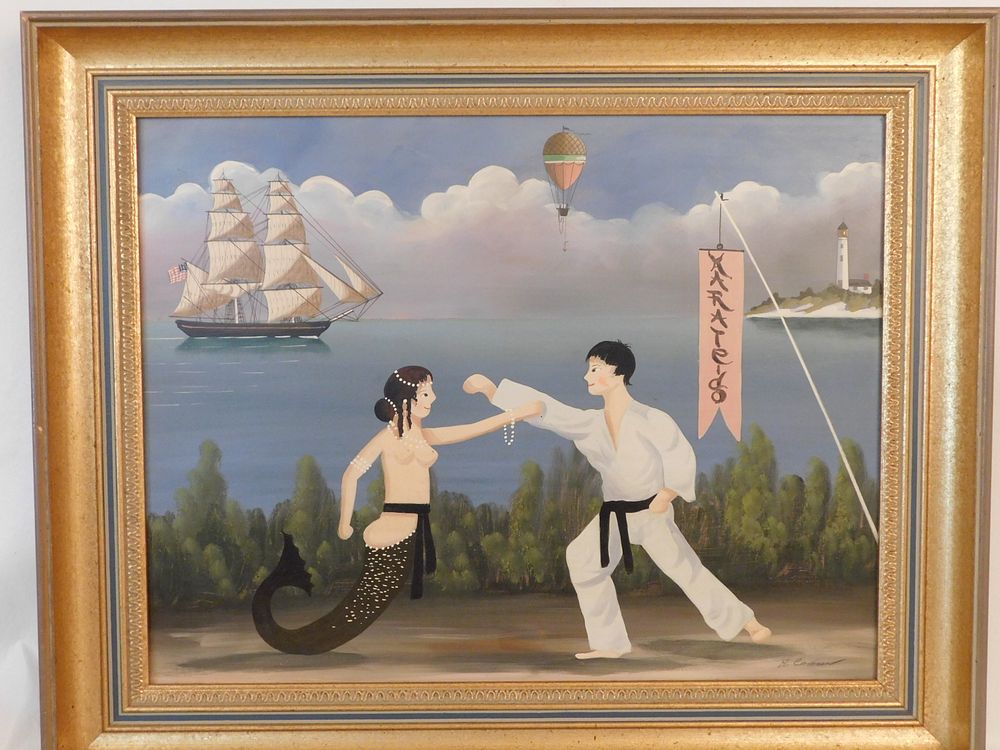 Appraisal: RALPH CAHOON PAINTING MERMAID KARATE Vintage folk art oil painting