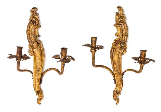 Appraisal: Sale Lot A Pair of Giltwood Two-Light Sconces th th