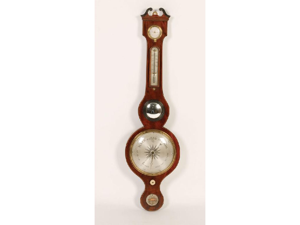 Appraisal: A REGENCY MAHOGANY WHEEL BAROMETER with a swan neck pediment