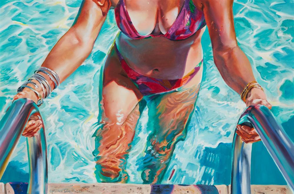 Appraisal: Susan Clover b American Exiting the pool Oil on canvas