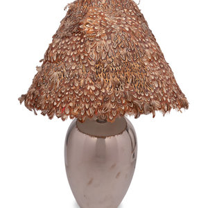 Appraisal: A Silvered Table Lamp with a Quail Feather Shade Mid-