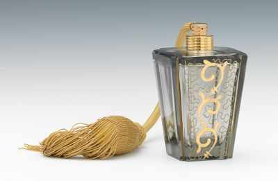 Appraisal: A Smoked Glass Atomizer with Gilt Tracery Tapering squared heavy