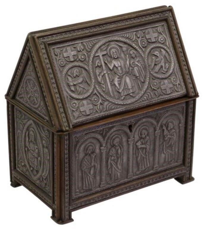 Appraisal: Continental reliquary casket th c wood body mounted with pewter