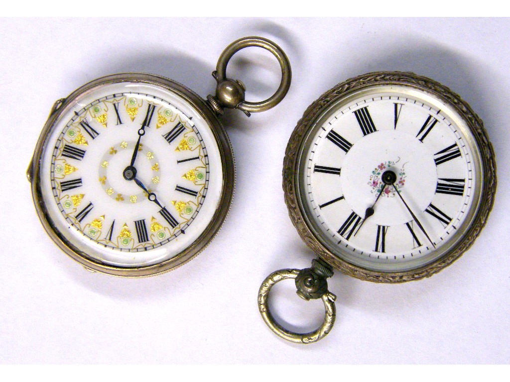 Appraisal: Two silver engraved fob watches with white foliate dials