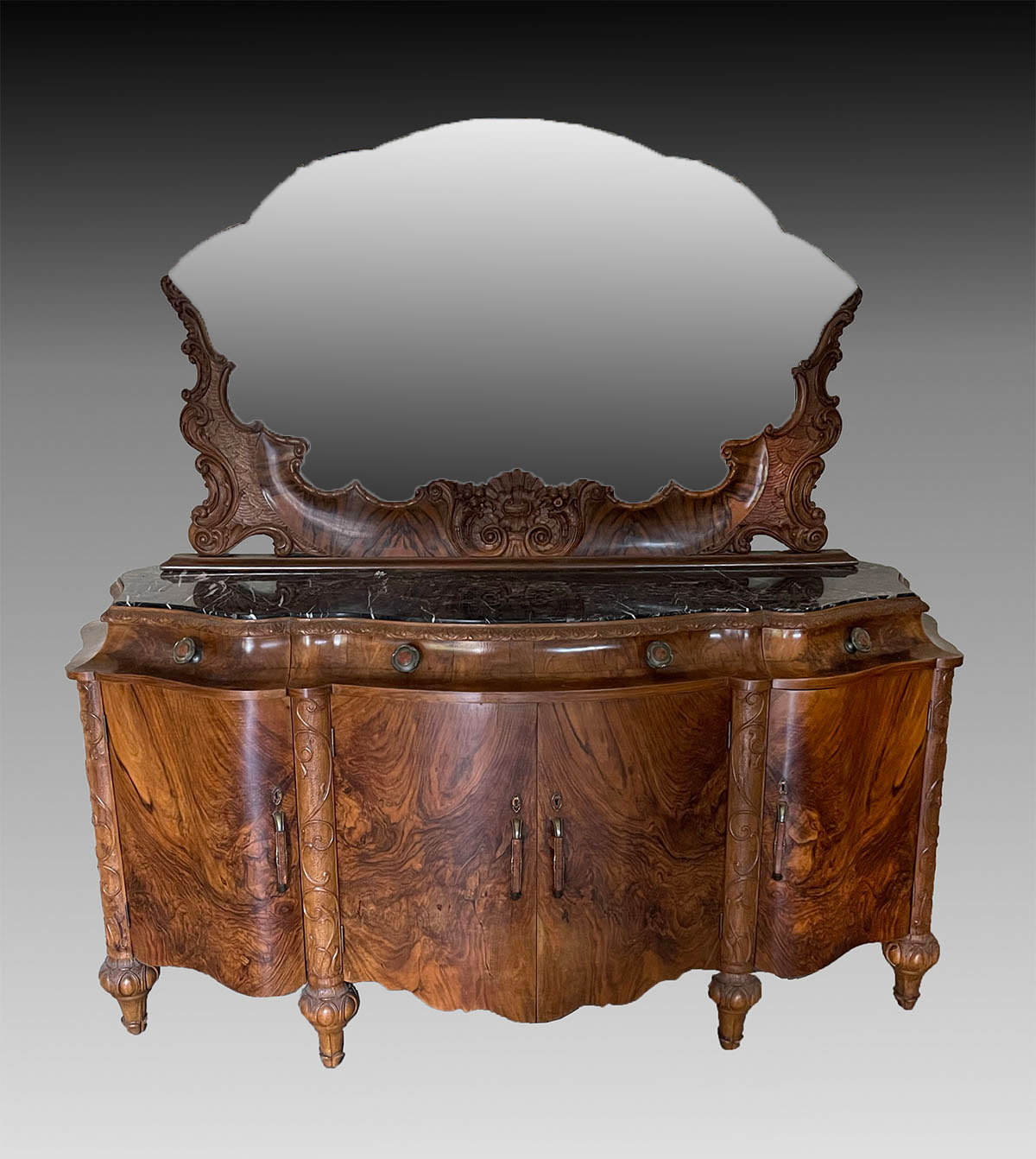 Appraisal: BURL WALNUT MARBLE TOP BUFFET WITH MIRROR Shaped mirror on