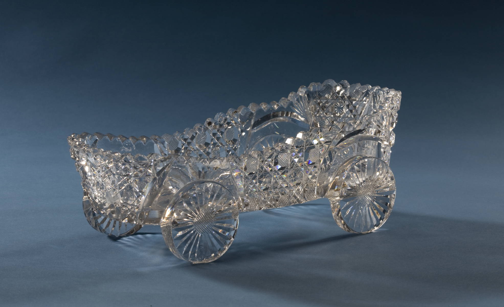 Appraisal: AMERICAN BRILLIANT CUT GLASS FIGURAL CELERY WAGON Length inches