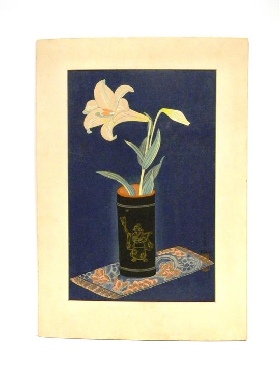 Appraisal: Ohno Bakufu Japanese - woodblock print ''Lily in Vase'' signed