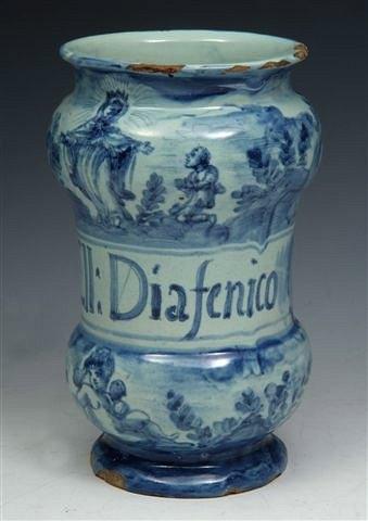 Appraisal: AN ITALIAN SAVONA ABARELLO JAR decorated in blue and inscribed